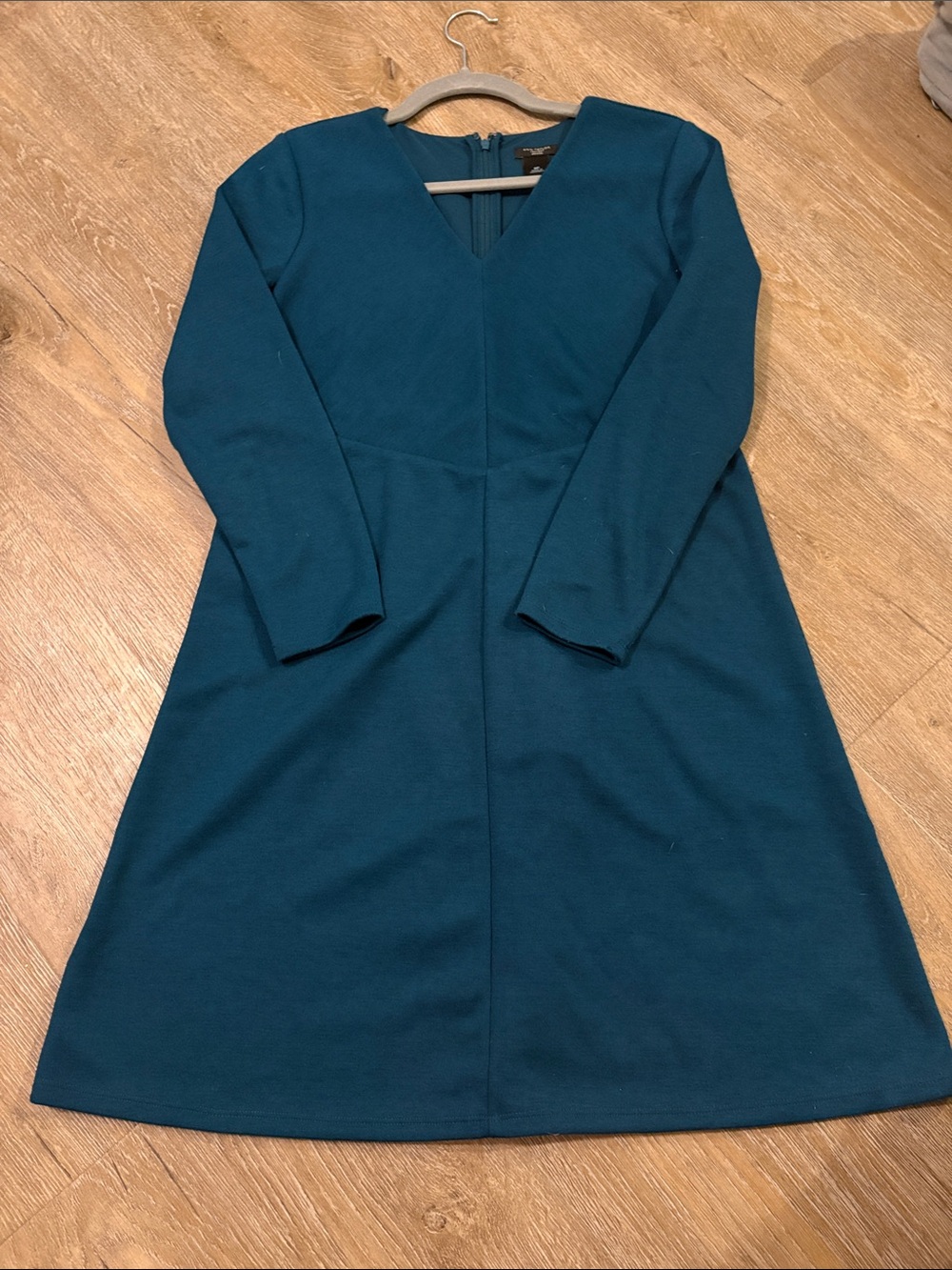 Ann Taylor Factory Teal Long-Sleeve V-Neck A-Line Dress